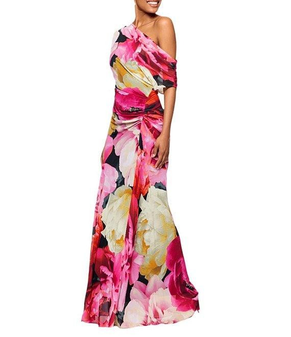 Betsy & Adam Chiffon Floral Print One Shoulder Neck One Short Sleeve Ruched Gown Product Image