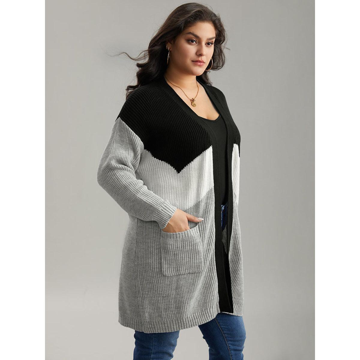 Plus Size Colorblock Contrast Pocket Open Front Cardigan DarkGray Women Casual Loose Long Sleeve Dailywear Cardigans BloomChic 14-16/1X Product Image