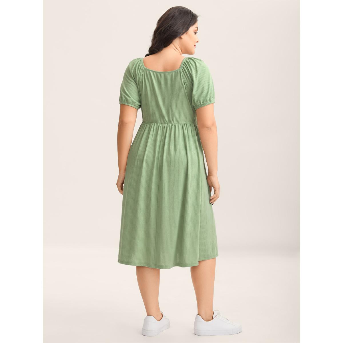 Plus Size Knit A-Line Cinched Waist Midi Dress Sage Women Square Neck Short sleeve Curvy BloomChic 14-16/1X Product Image