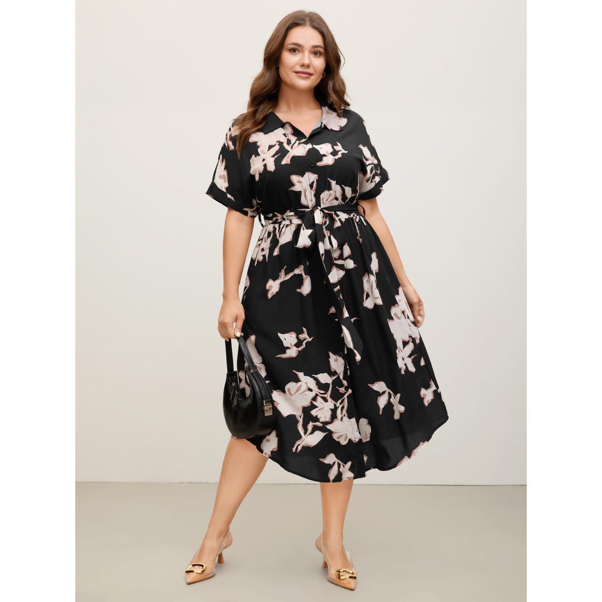 Plus Size Rayon Floral Stretchy Waist Pockets Midi Dress BlackFlower Women Shirt collar Short sleeve Curvy BloomChic 28/5X Product Image