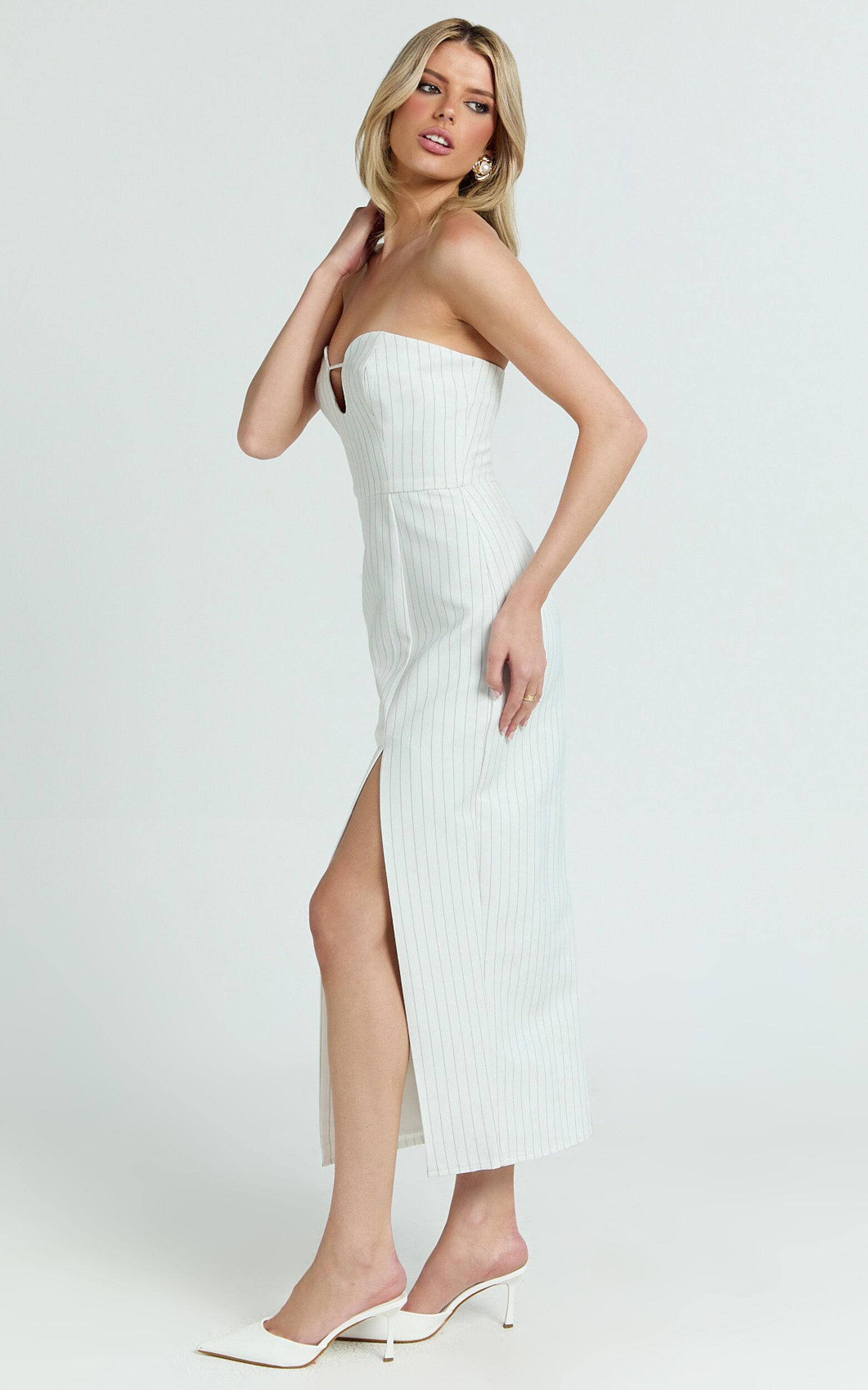 Wendy Midi Dress - Strapless Sweetheart Neckline Fitted Side Split Dress in White/Black Product Image