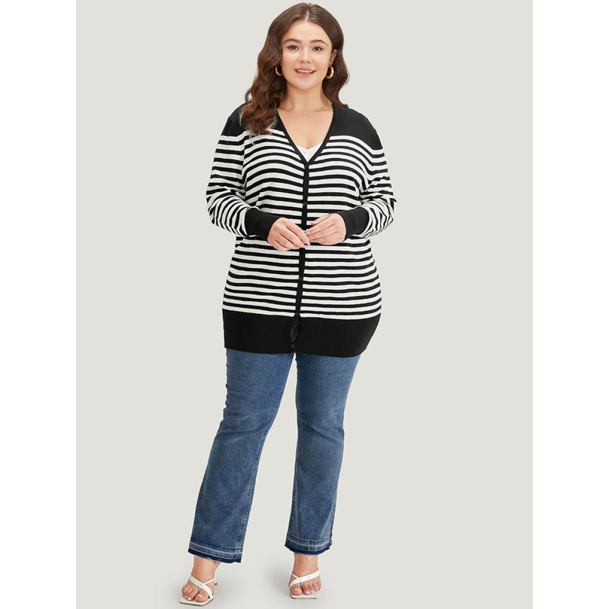 Plus Size Supersoft Essentials Striped Patchwork Elastic Cuffs Cardigan Black Women Casual Loose Long Sleeve Dailywear Cardigans BloomChic 18-20/2X Product Image