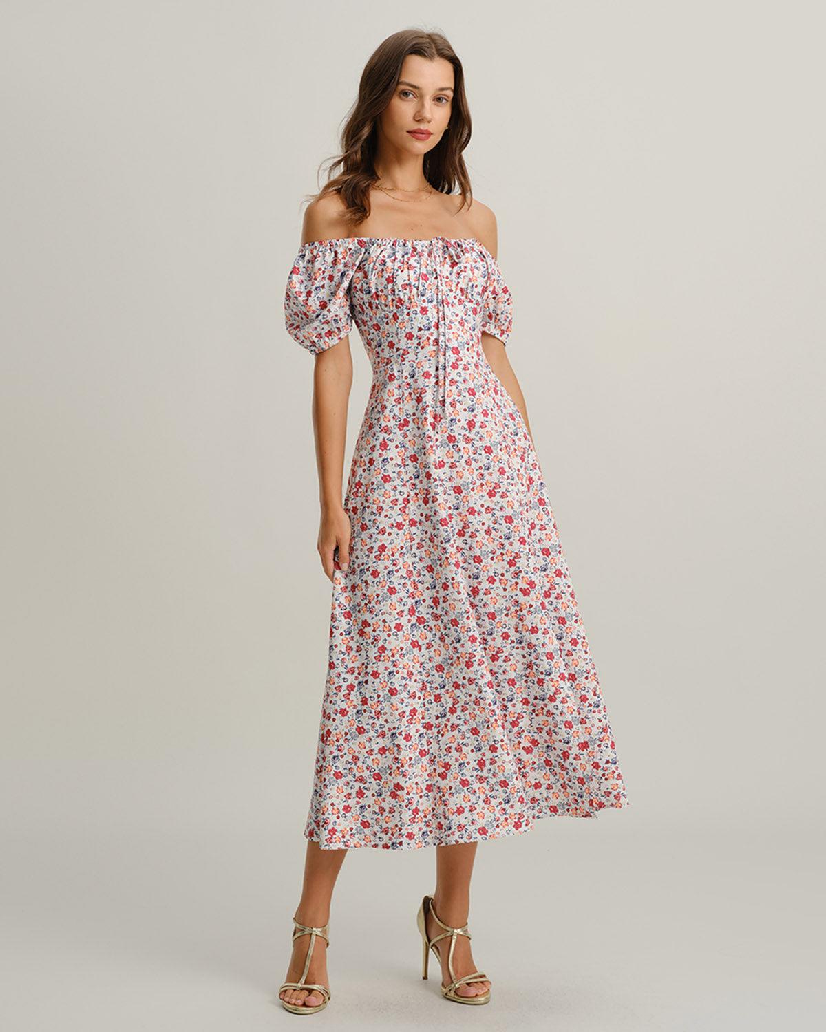 Grey Floral Square Neck Puffed Sleeve Midi Dress Product Image