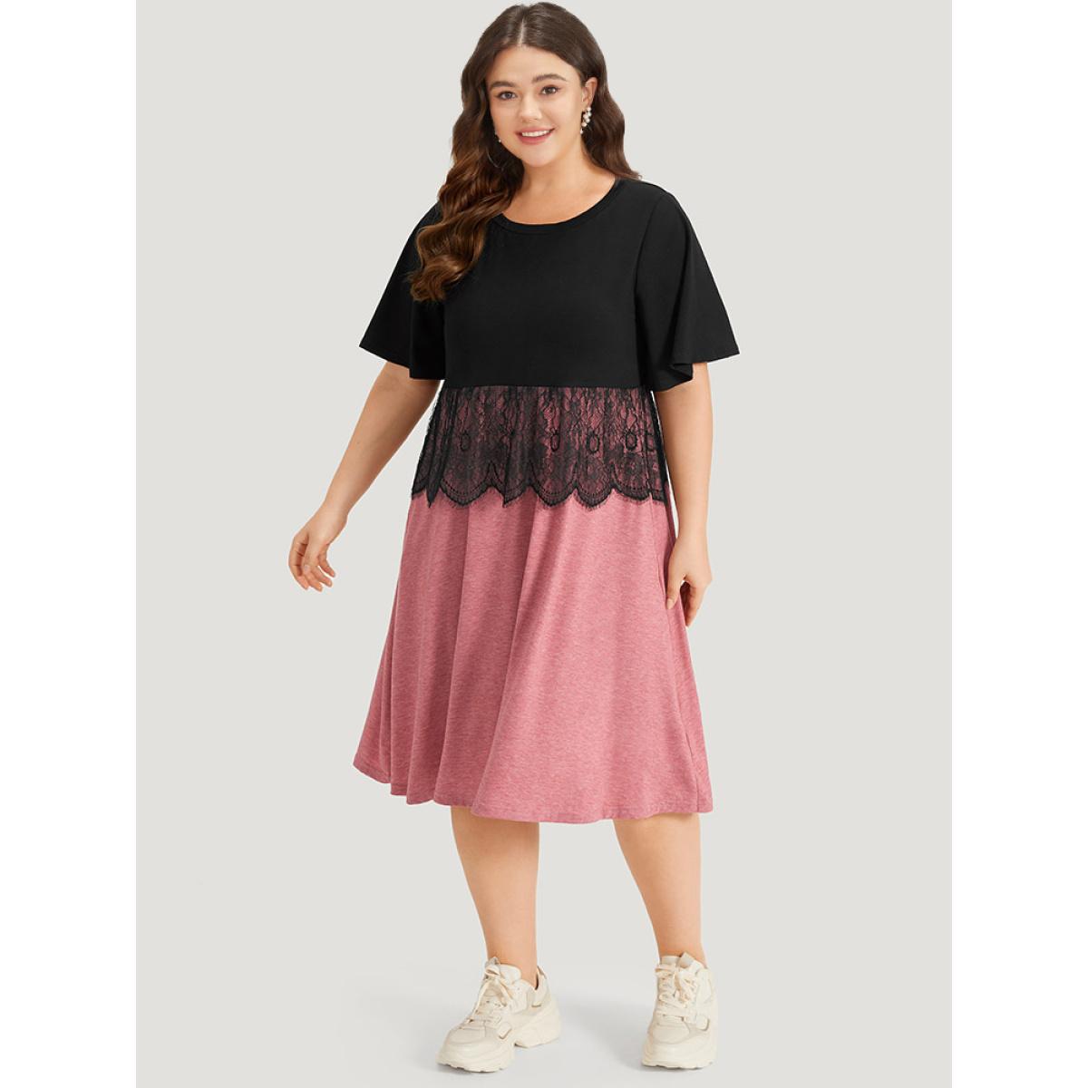 Plus Size Supersoft Essentials Colorblock Contrast Guipure Lace Flutter Sleeve Dress Rouge Women Casual Contrast Round Neck Short sleeve Curvy Midi Dress BloomChic 22-24/3X Product Image