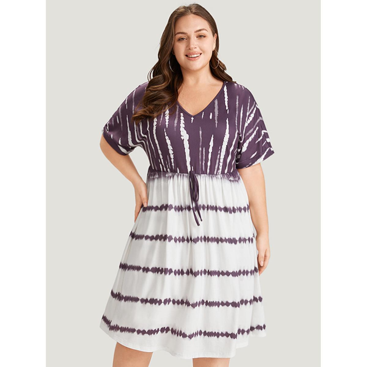 Plus Size Tie Dye Batwing Sleeve Pocket Knot Front Dress Mauve Women Casual Lined V-neck Short sleeve Curvy Midi Dress BloomChic 26/4X Product Image