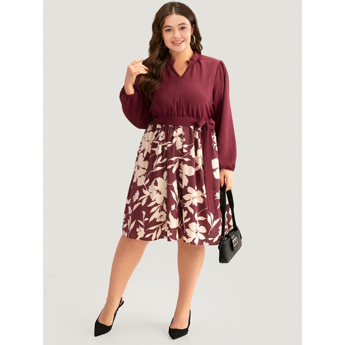 Plus Size Silhouette Floral Print Belted Pleated Dress Scarlet Women Office Elastic cuffs Notched collar Long Sleeve Curvy Knee Dress BloomChic 14-16/1X Product Image