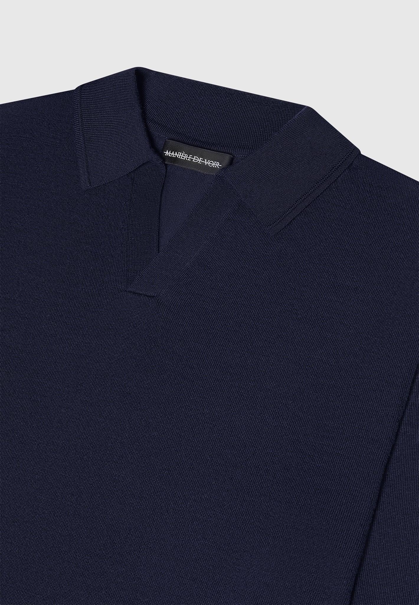 Merino Wool Long Sleeve Revere Polo Shirt - Navy Male Product Image