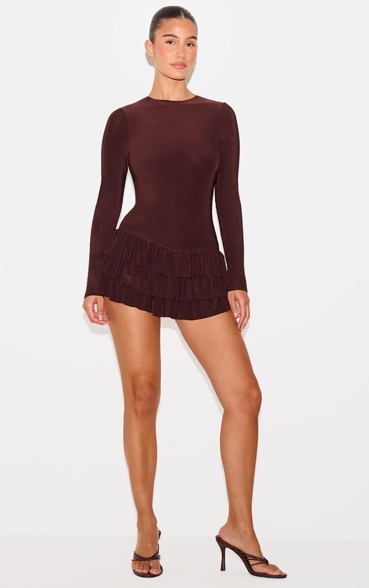 Chocolate Double Layer Slinky Long Sleeve Rara Skort Romper Product Image