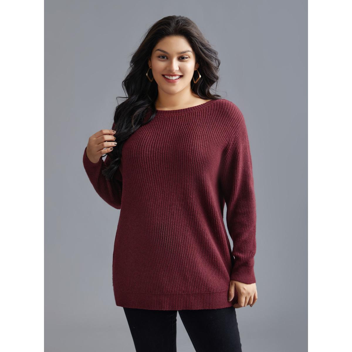 Plus Size Round Neck Texture Back Bowknot Pullover Deepred Women Leisure Loose Long Sleeve Round Neck Casual Pullovers BloomChic 28/5X Product Image