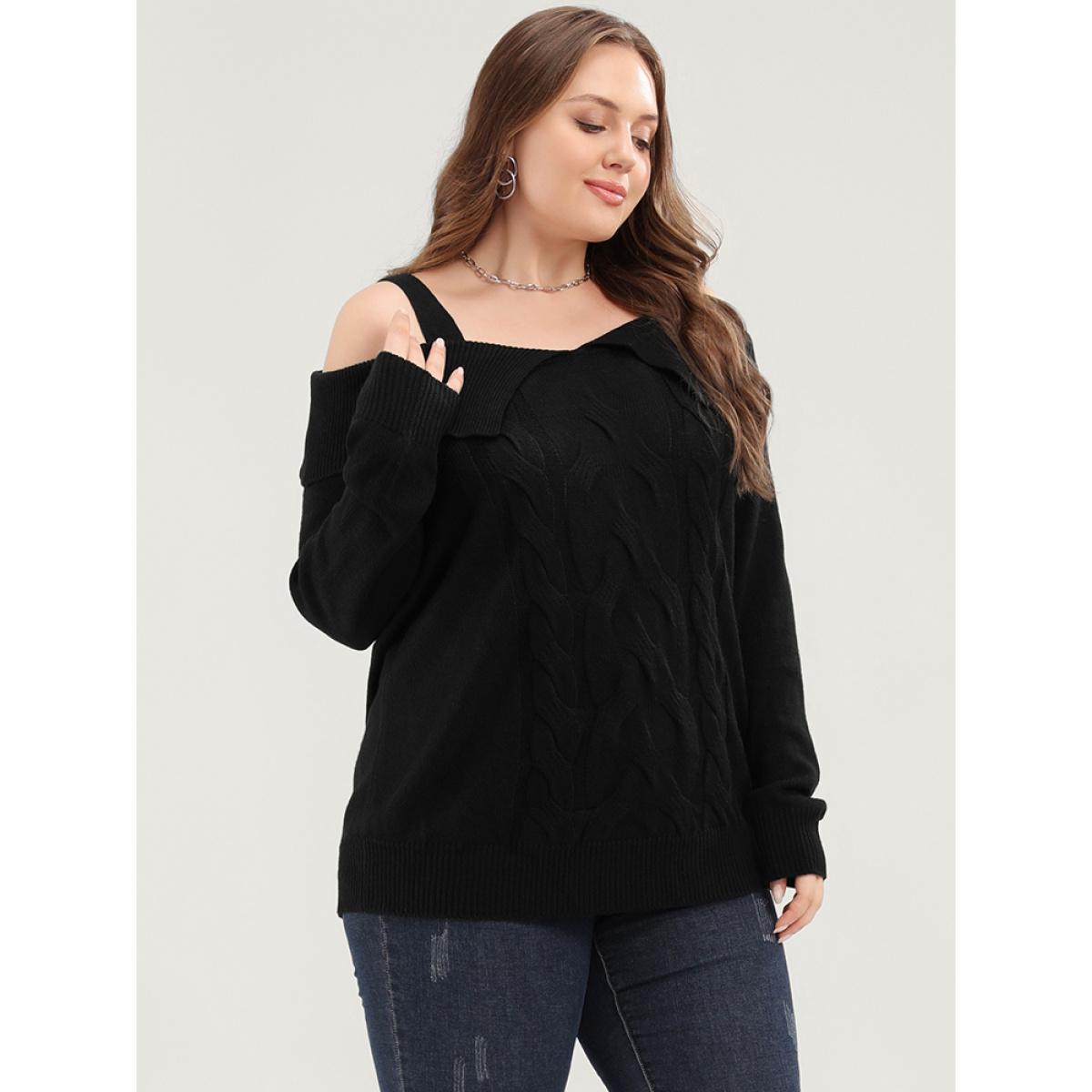 Plus Size Solid Pointelle Knit Cold Shoulder Knit Top Black Women Elegant Long Sleeve Cold Shoulder Dailywear Pullovers BloomChic 12/L Product Image