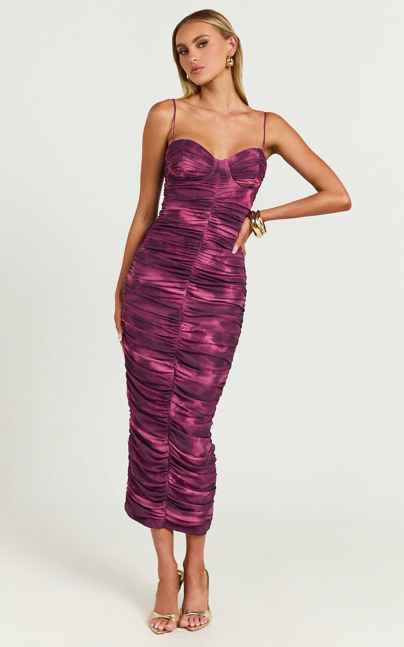 Leanor Midi Dress - Mesh Ruched Bustier Bodycon Dress in Purple Fields Product Image
