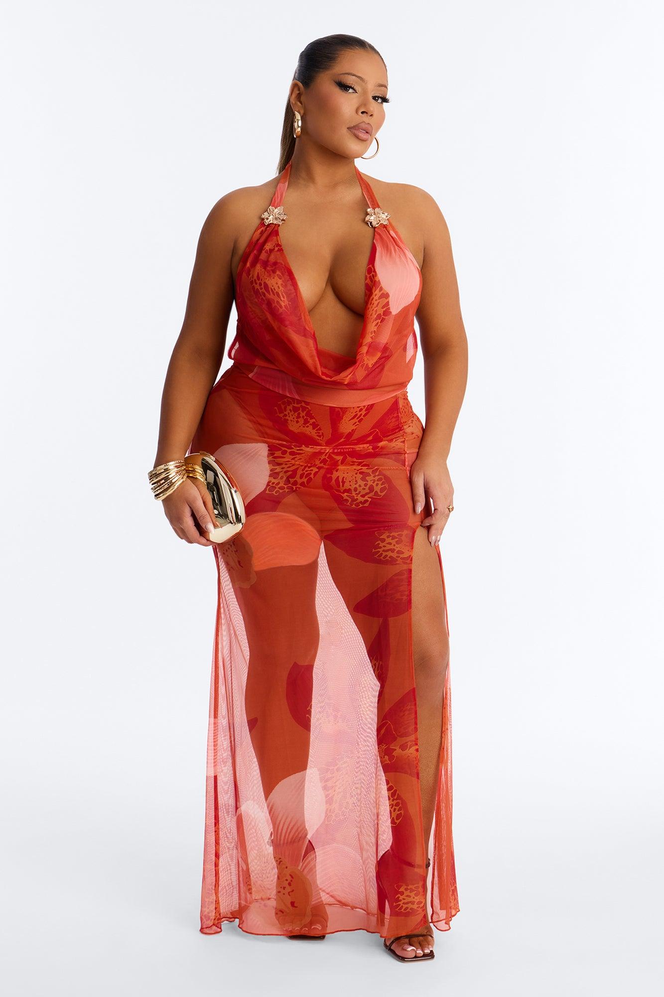 Under The Sun Backless Mesh Maxi Dress - Orange/combo Female Product Image