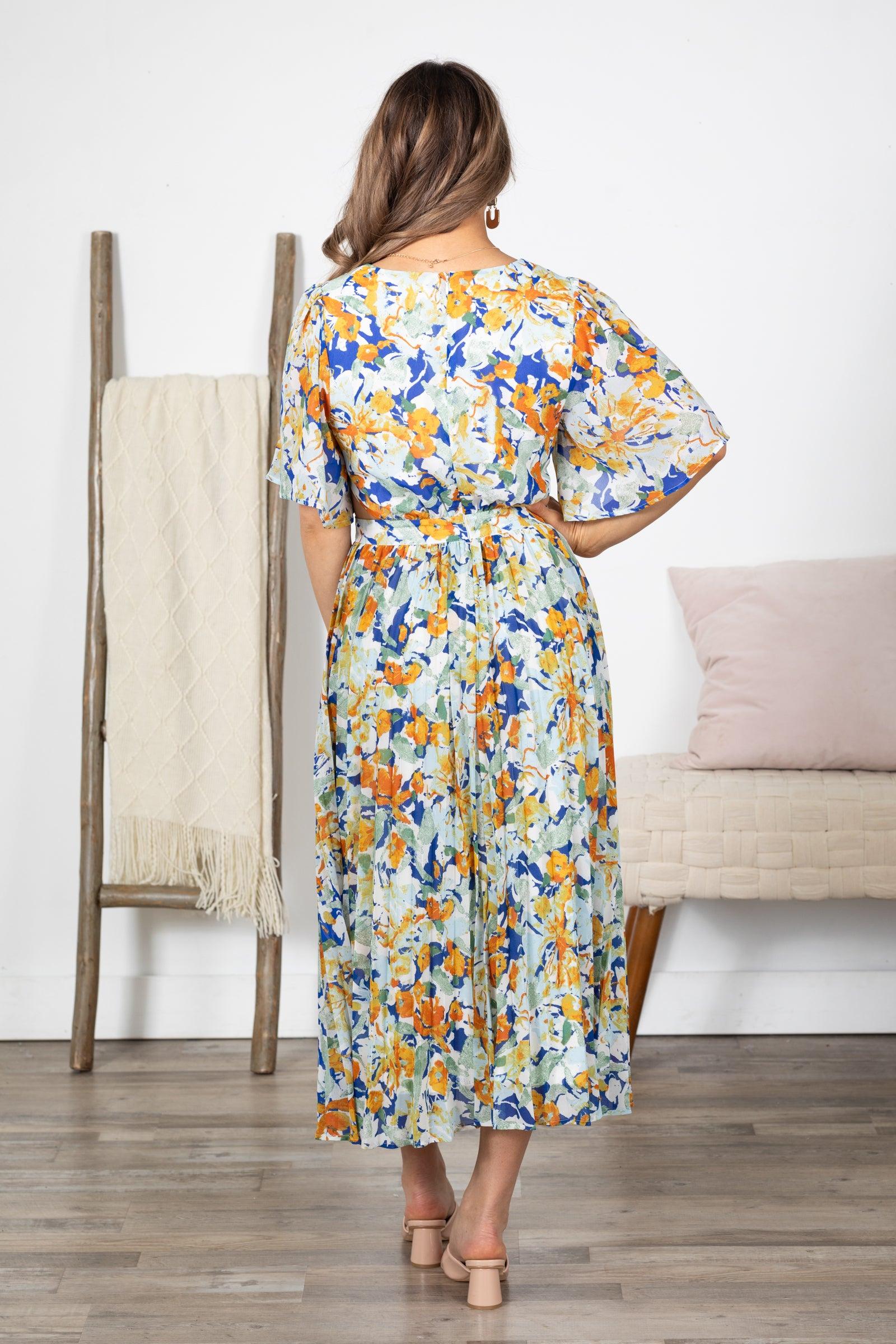 Orange Short Sleeve Floral Midi Dress Product Image
