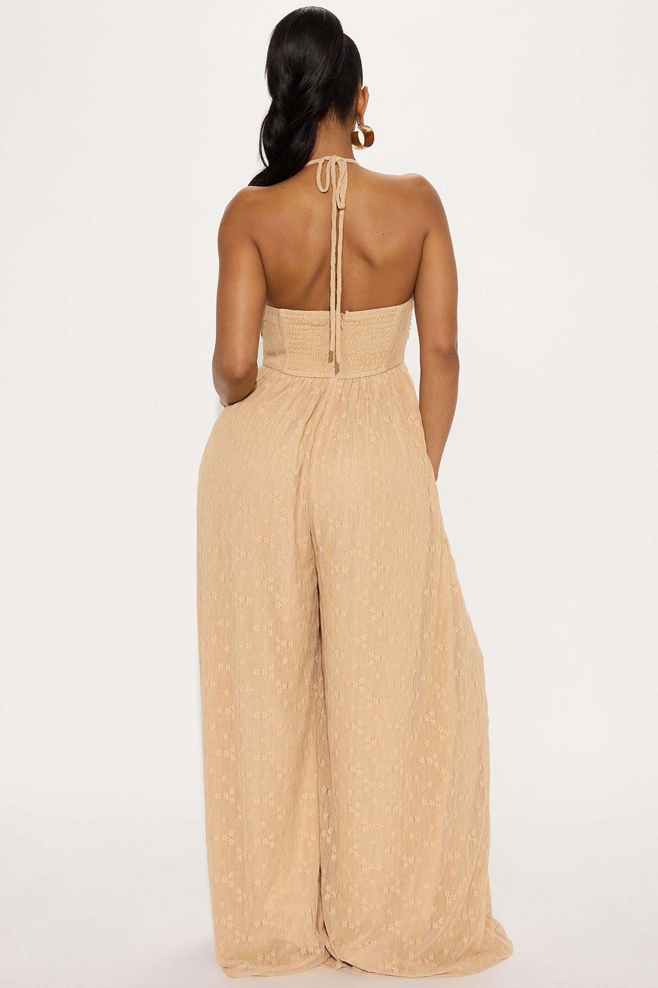 Harlow Jacquard Halter Jumpsuit - Tan Female Product Image