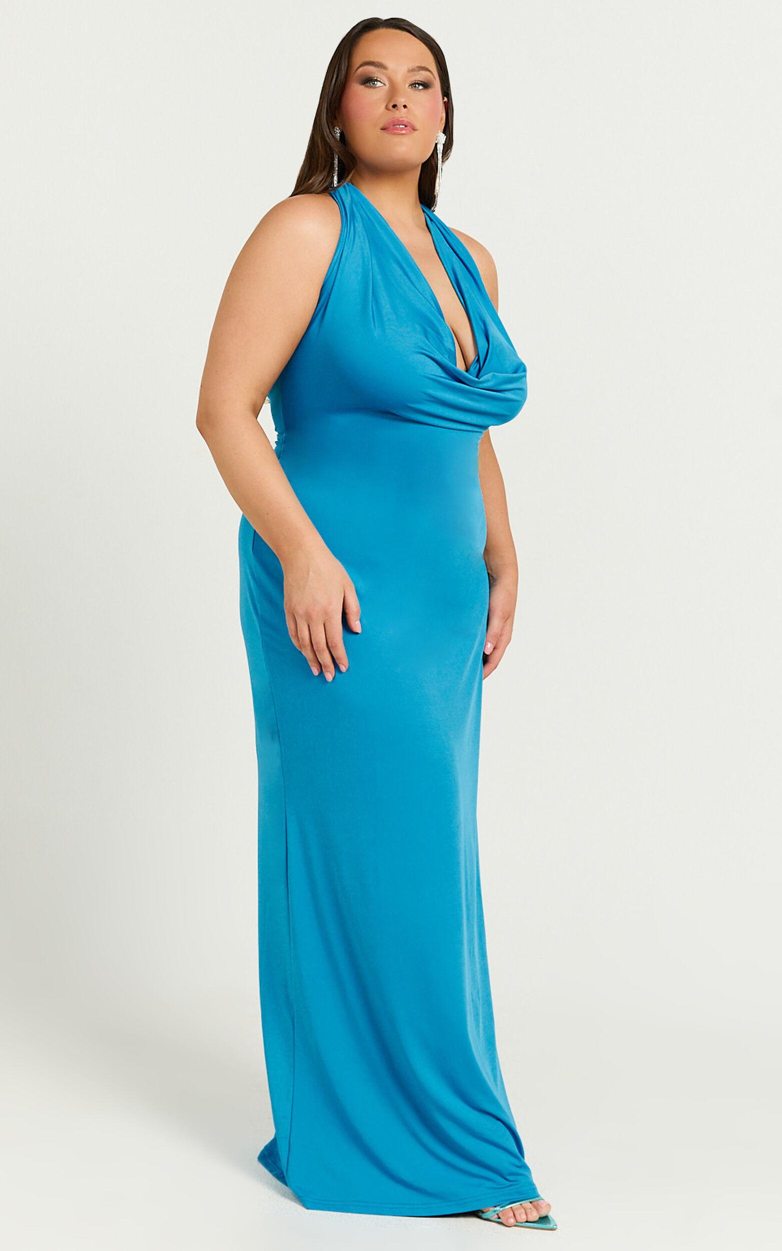 Sylvana Maxi Dress - Cowl Halter Neck Bodycon Dress in Blue Product Image