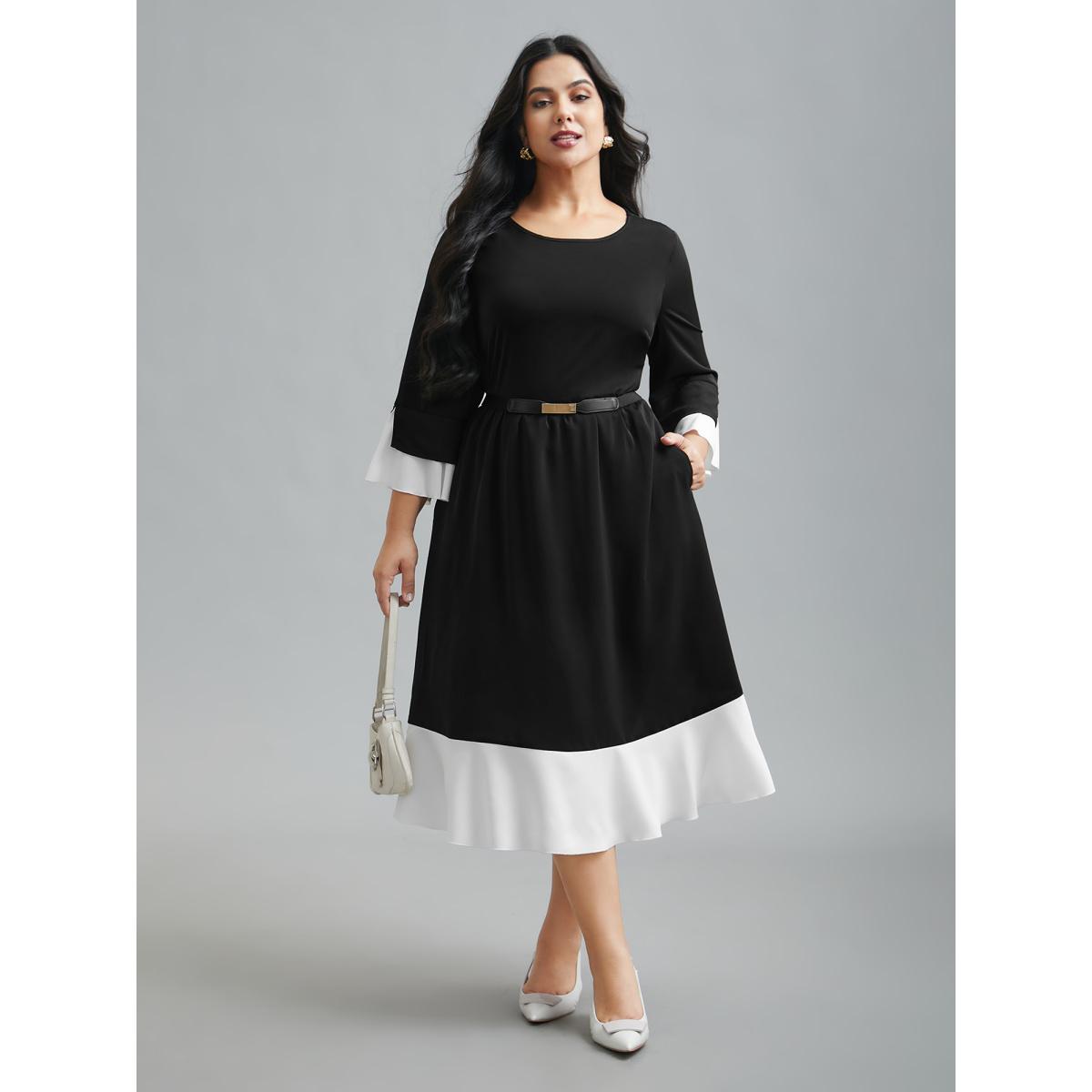 Plus Size Color Contrast Tiered Skirt Pocket Midi Dress Black Women At the Office Contrast Round Neck Elbow-length sleeve Curvy BloomChic 12/L Product Image
