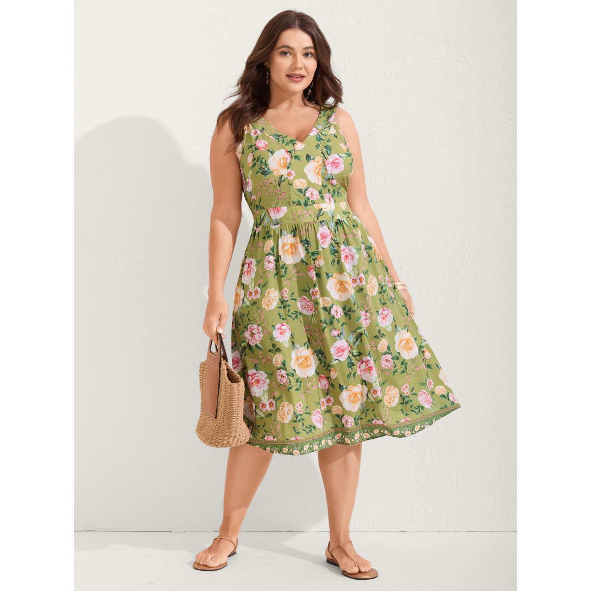 Plus Size Rayon Floral Shirred Pockets Midi Dress Moss Women V-neck Sleeveless Curvy BloomChic 14-16/1X Product Image