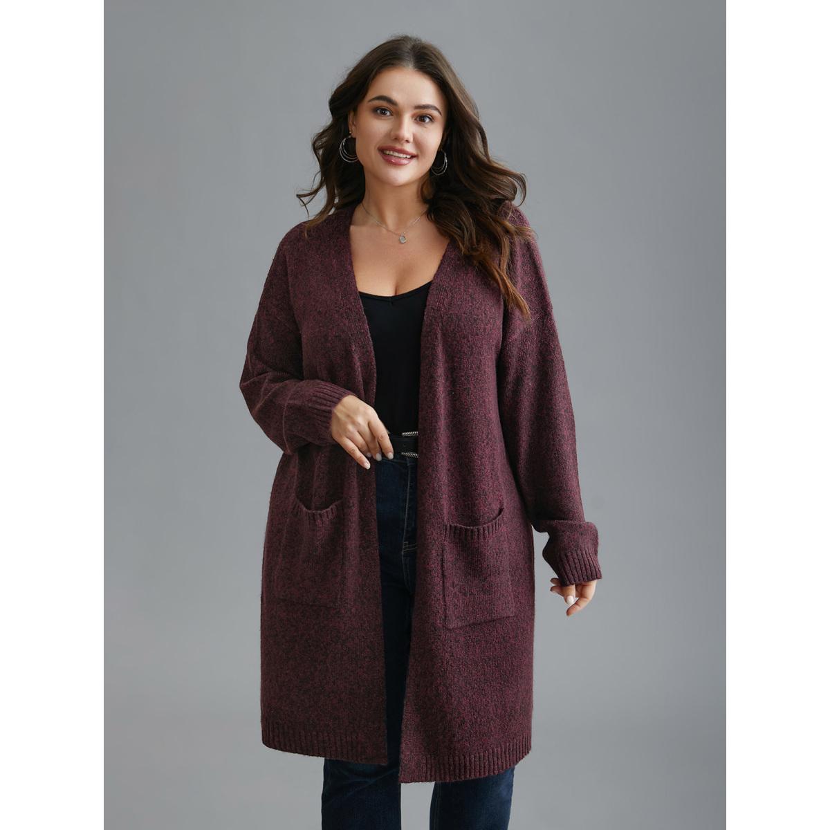 Plus Size Solid Patch Pocket Long Knit Cardigan Deepred Women Casual Loose Long Sleeve Everyday Cardigans BloomChic 28/5X Product Image