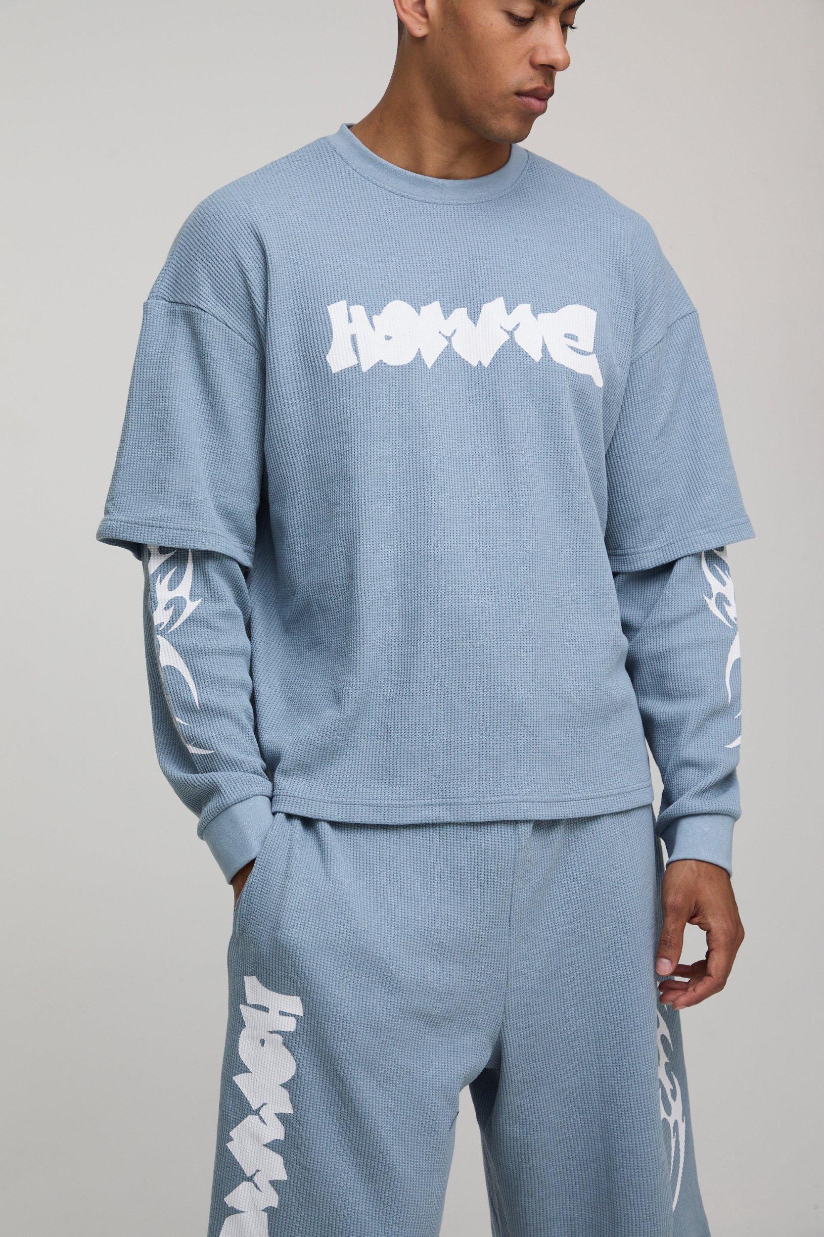 Oversized Boxy Faux Layer Waffle T-Shirt & Jort Set | boohooMAN USA Product Image