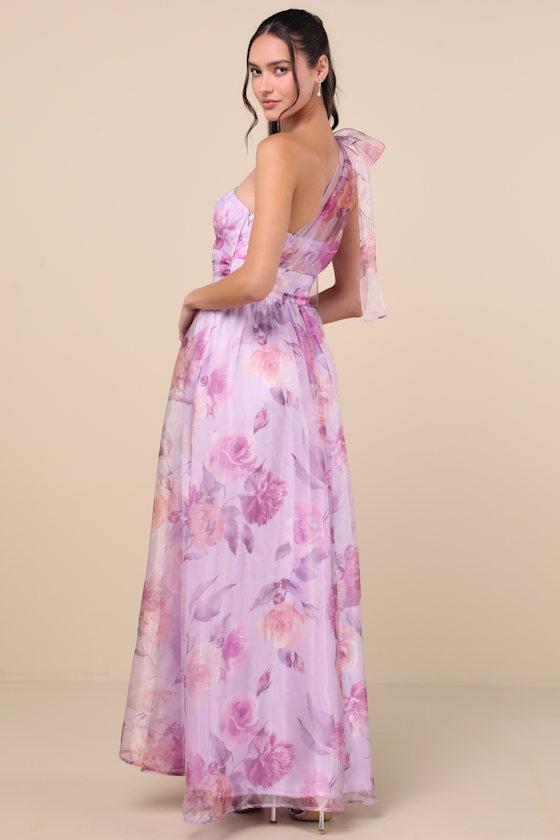 Dramatically Lovely Lavender Floral One-Shoulder Maxi Dress Product Image