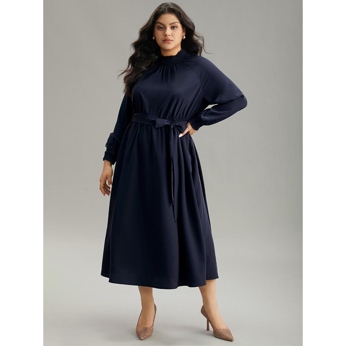 Plus Size Anti-Wrinkle Plain Shirred Mock Neck Belted Dress DarkBlue Women Elegant Elastic cuffs Mock Neck Long Sleeve Curvy Midi Dress BloomChic 30/6X Product Image
