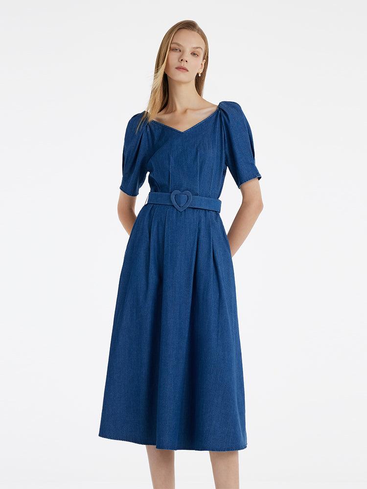 Denim Women Midi Dress With Heart-Shaped Buckle Belt Product Image