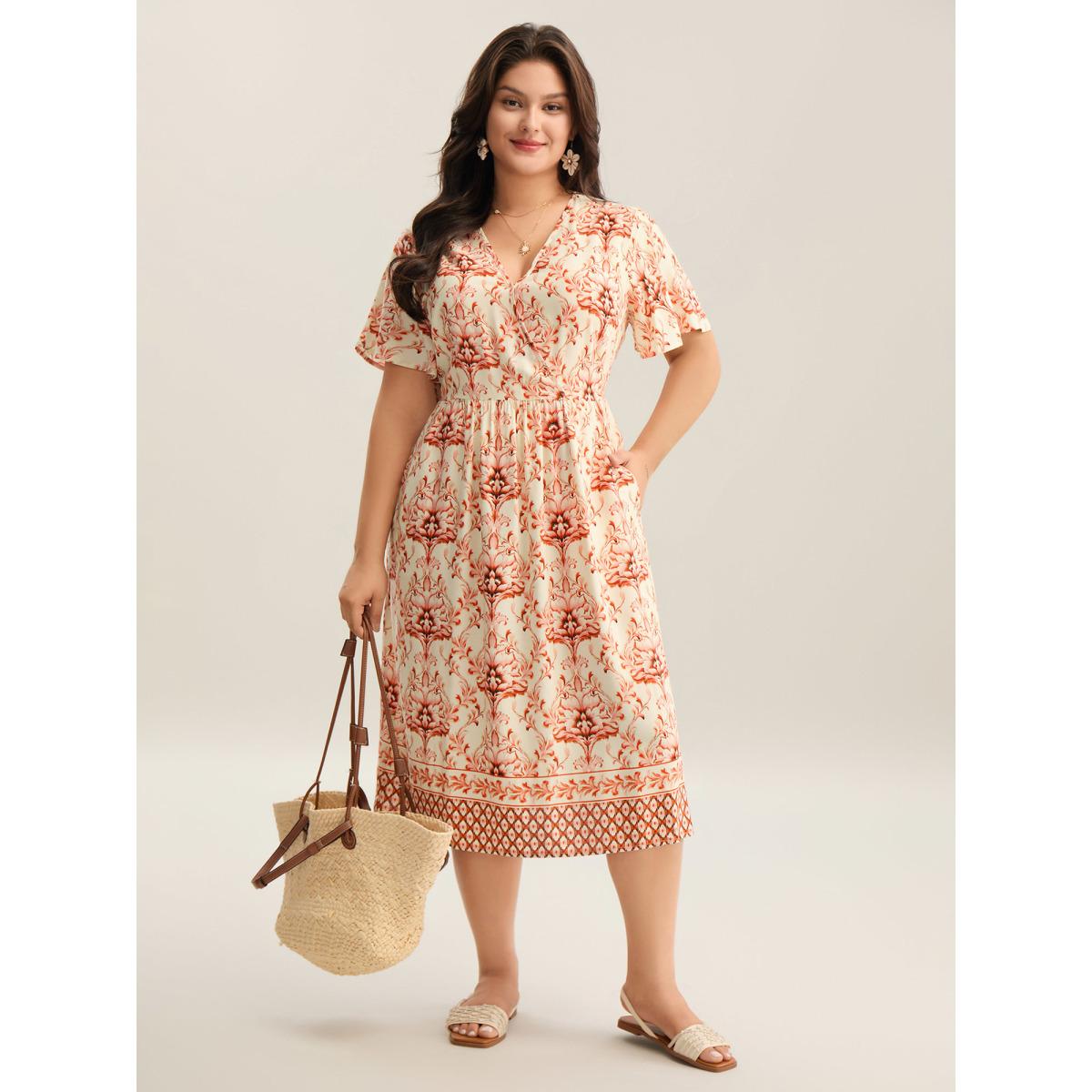 Plus Size Boho Floral Print Pockets Midi Dress Brightorange Women Overlap Collar Short sleeve Curvy BloomChic 22-24/3X Product Image