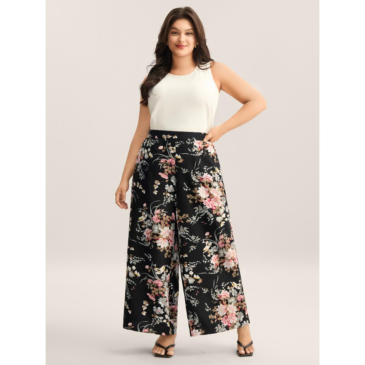 Plus Size Floral Print Pockets Wide-Leg Pants Women BlackFlower Romantic Wide Leg Mid Rise Elegant Pants BloomChic 30/6X Product Image