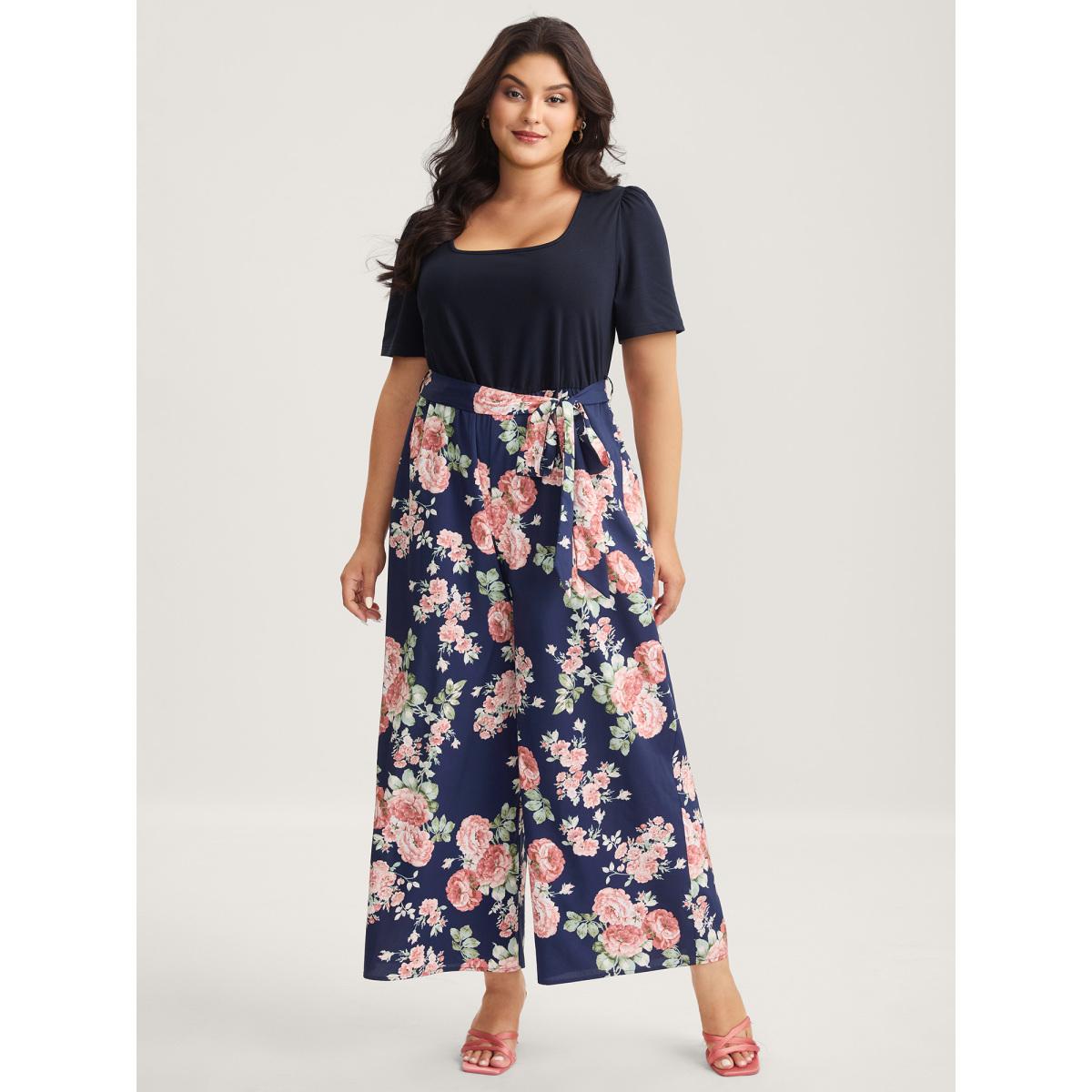 Plus Size Indigo Color Contrast Belted Panel Pockets Jumpsuit Women Timeless Short sleeve Square Neck Elegant Loose Jumpsuits BloomChic 28/5X Product Image