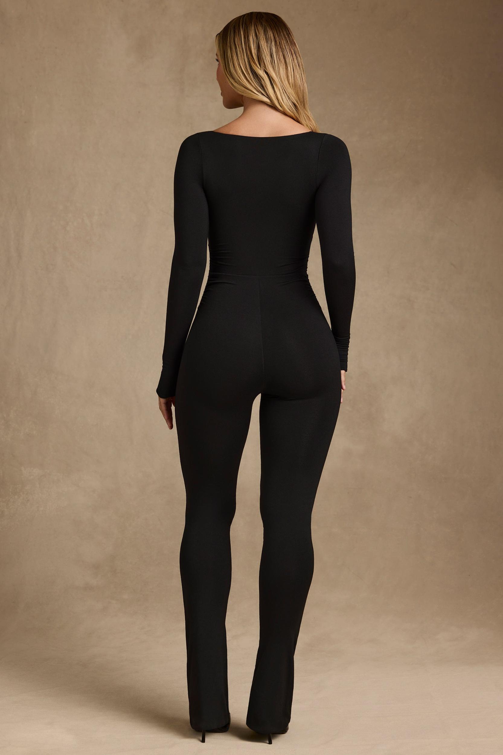 Modal Ruched Long-Sleeve Jumpsuit in Black Product Image