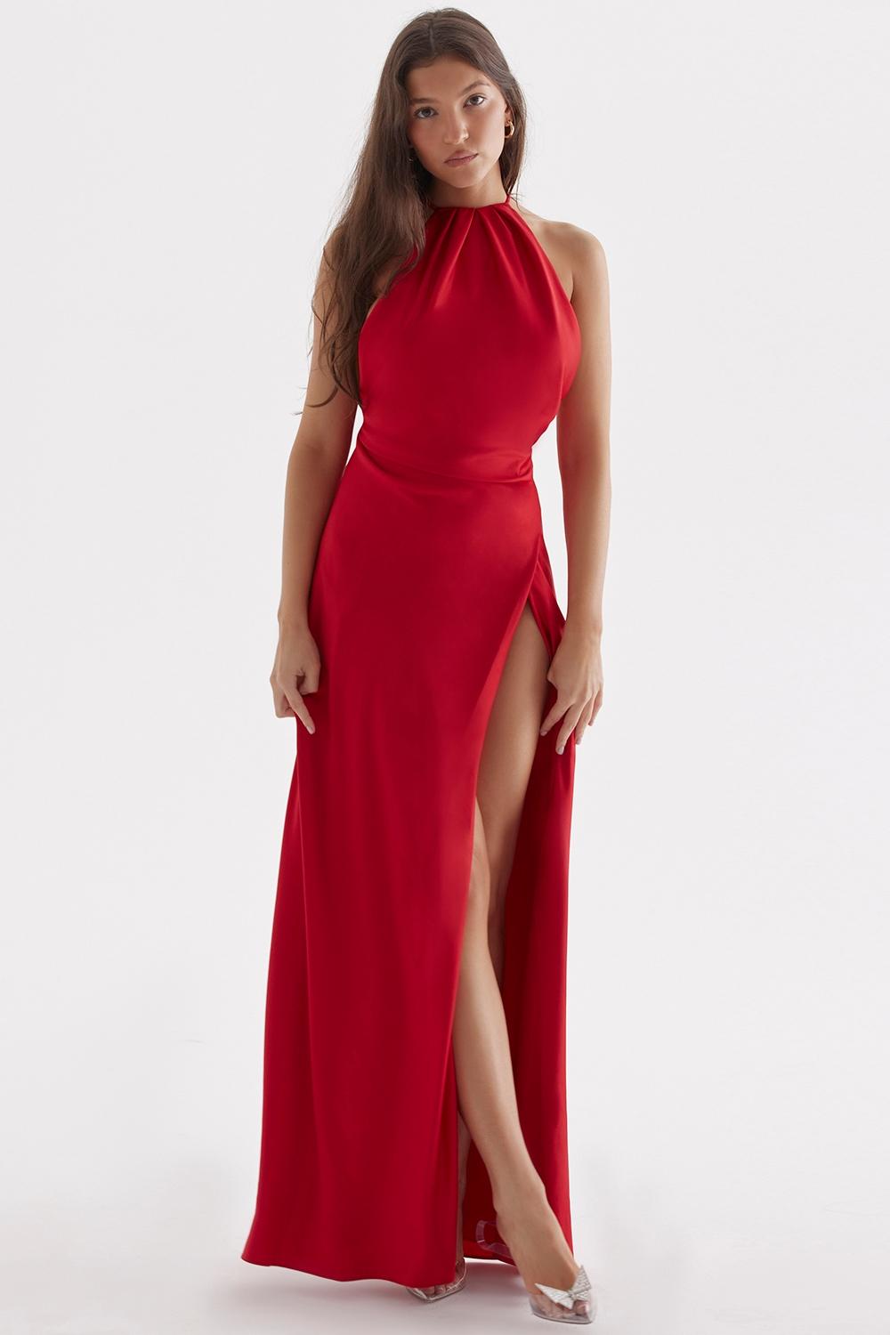 Zanab  red rose thigh slit maxi dress Product Image