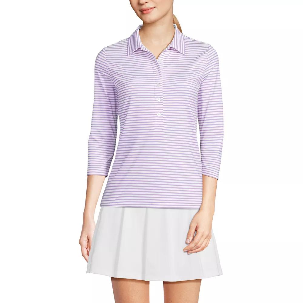 Women's Lands' End 3/4 Sleeve Active Polo Shirt, Size: Medium, White Purple Stripe Product Image
