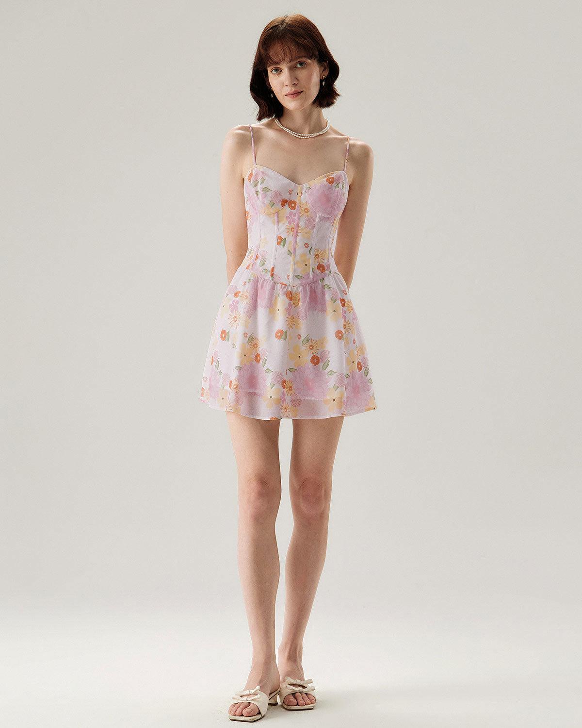 Pink Floral Sweetheart Neck Slip Mini Dress Product Image