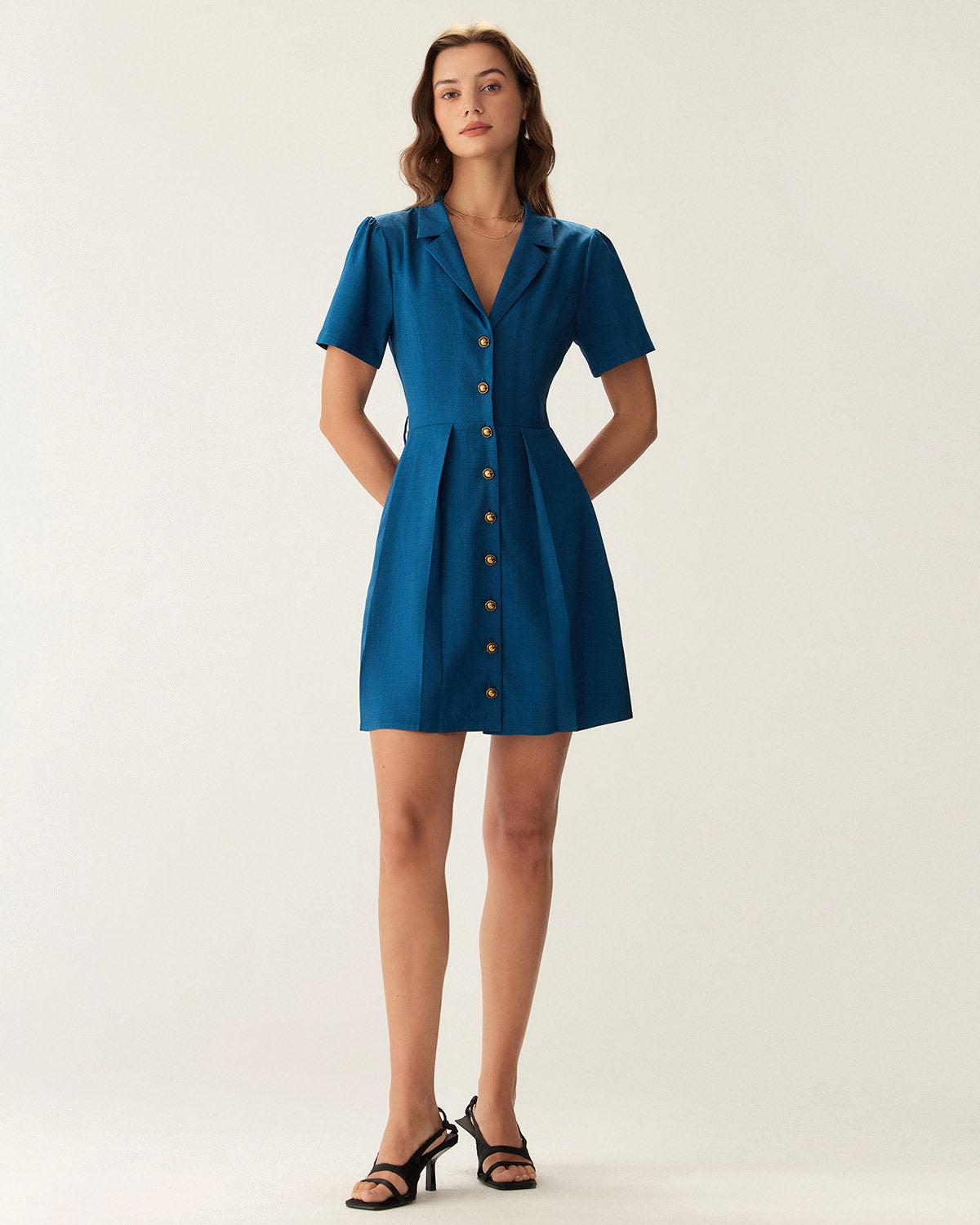 Blue Puffed Sleeve Button Mini Dress Product Image