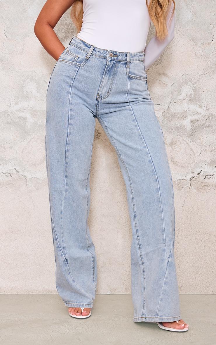 Light Blue Washed Front Seam Detail Wide Leg Jeans Product Image
