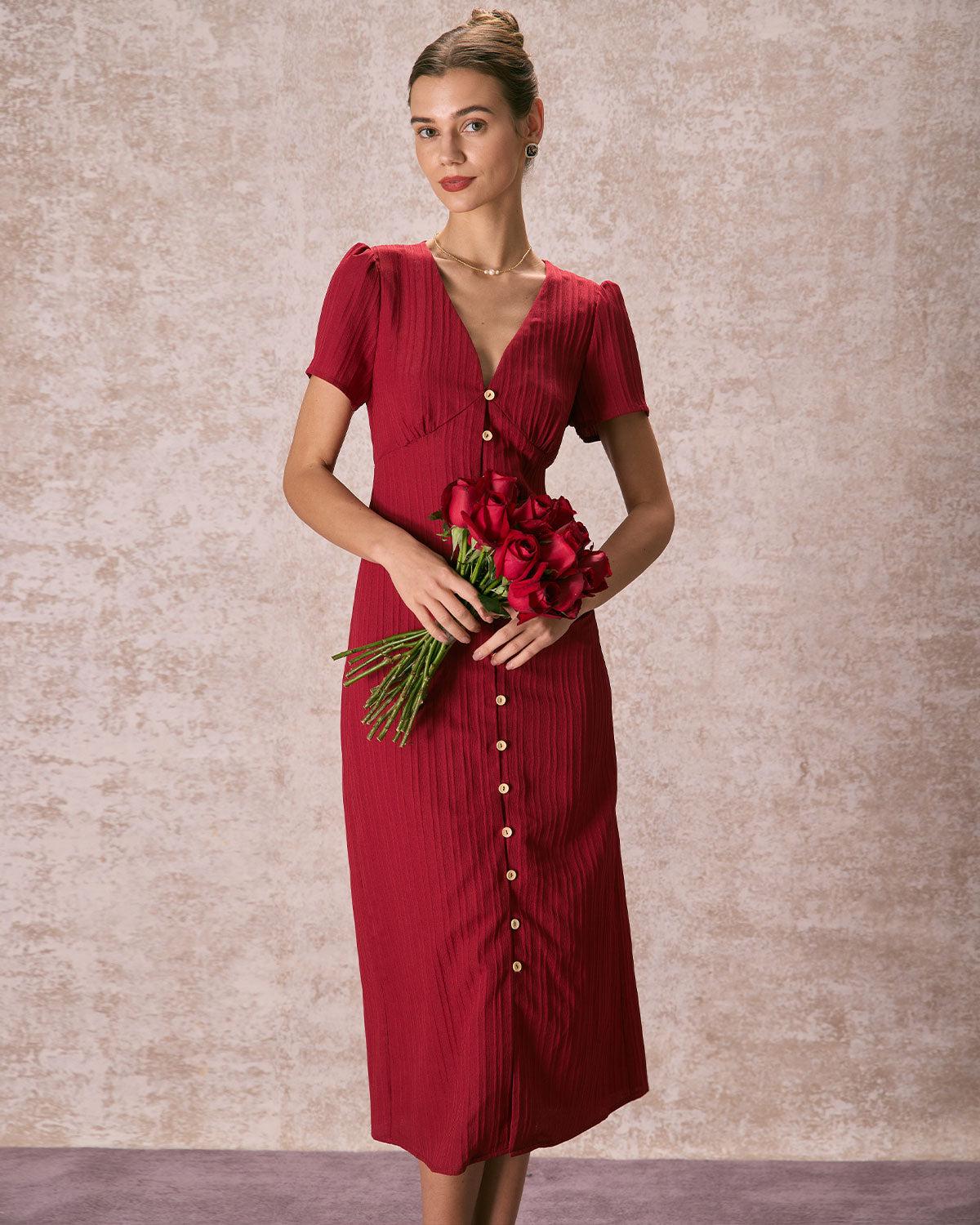 The Red V Neck Shirred Puff Sleeve Midi Dress Product Image