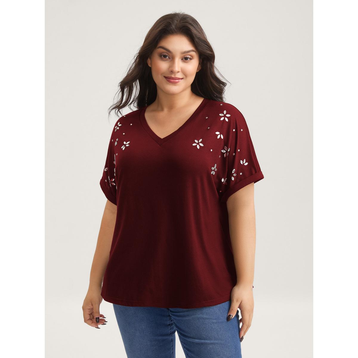 Plus Size Supersoft Stretchy Zirconia Design T-Shirt Burgundy Women Rhinestone detailing V-neck Everyday-Casual T-shirts BloomChic 10/M Product Image