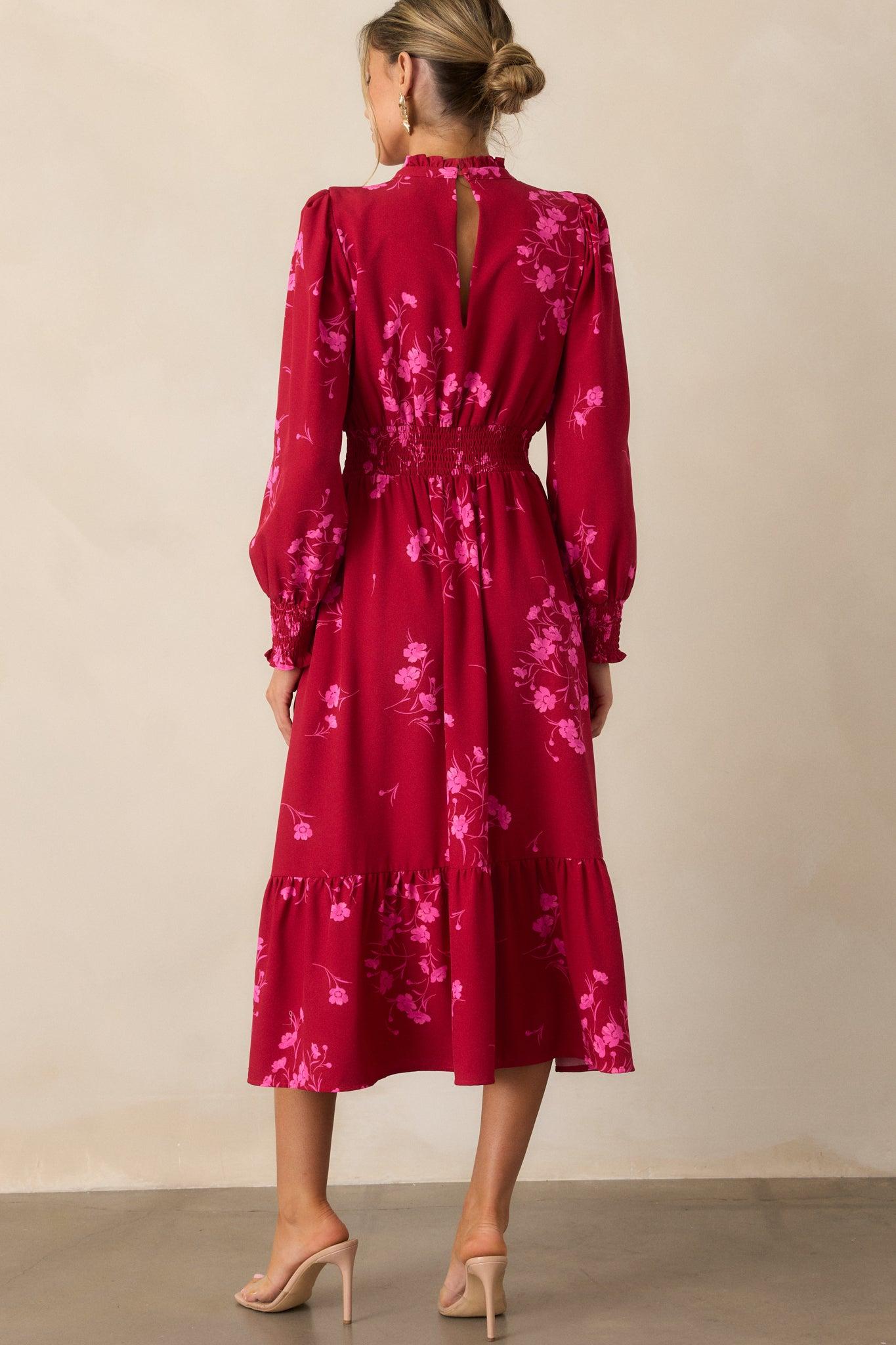 Flower Shop Stop Cherry Pink Floral Long Sleeve Midi Dress Product Image