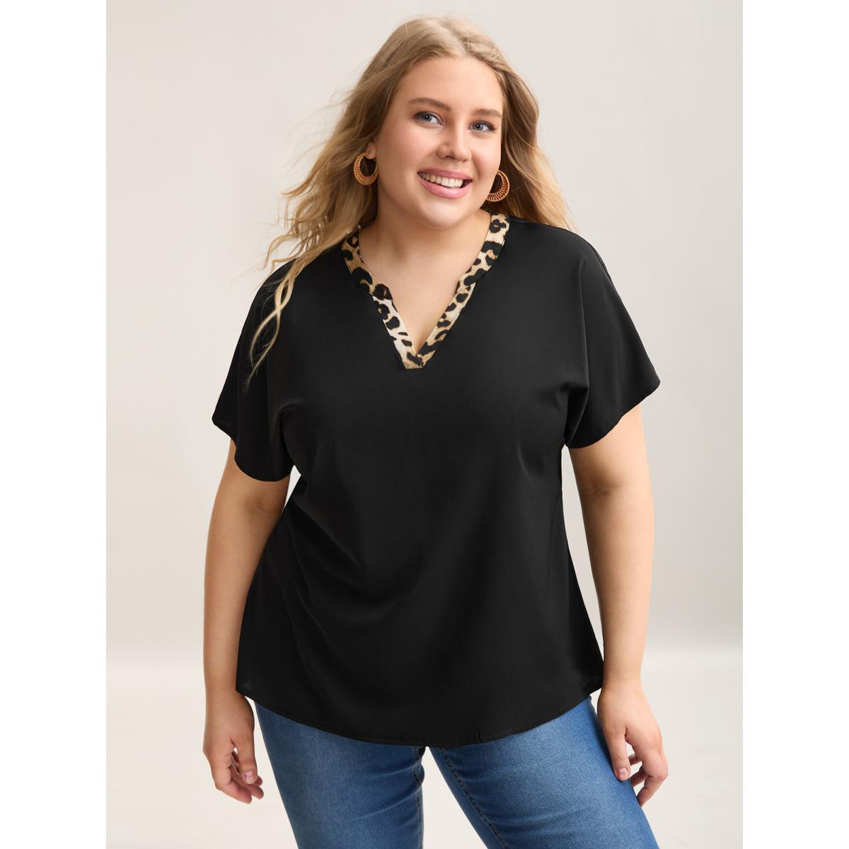 Plus Size Black Leopard Print Spliced Plain Blouse Women Office Sleeveless Non Vacation Blouses BloomChic 12/L Product Image