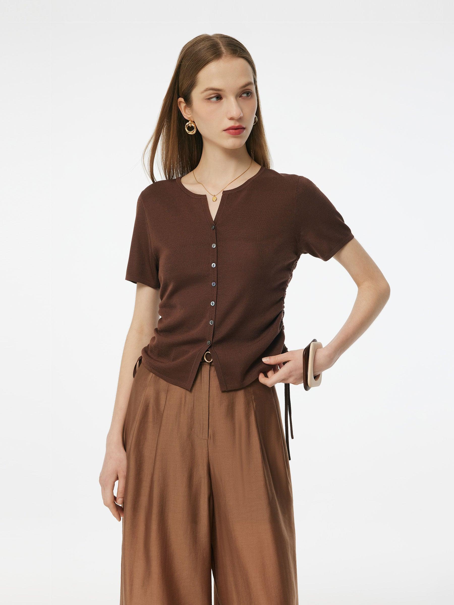 Acetate Tencel Blend Side Drawstring Women Knit Top Product Image