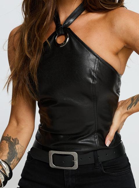 Treat You Better Ring Detail Faux Leather Top Black Product Image
