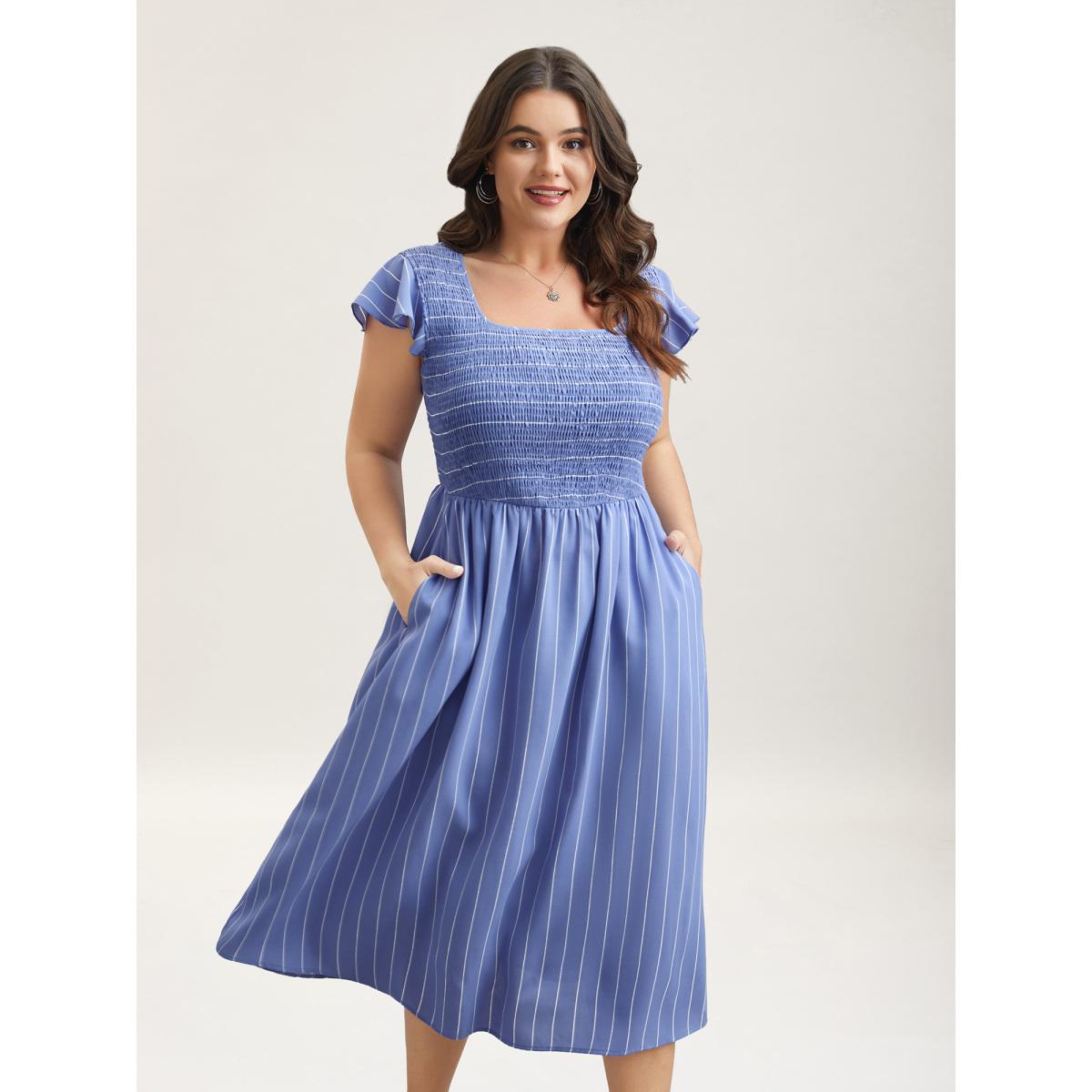 Plus Size Striped Shirred Flutter Sleeve Midi Dress Skyblue Women Leisure Shirred Square Neck Cap Sleeve Curvy BloomChic 12/L Product Image