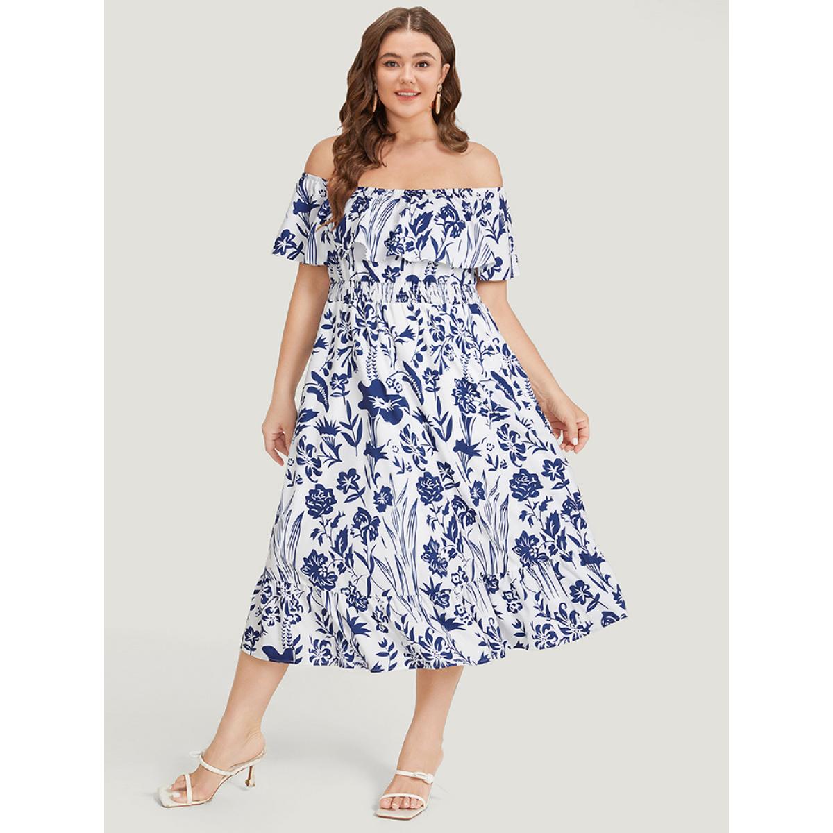 Plus Size Floral Ruffle Trim Square Neck Shirred Pocket Dress Blue Women Elegant Lined Square Neck Short sleeve Curvy Midi Dress BloomChic 26/4X Product Image