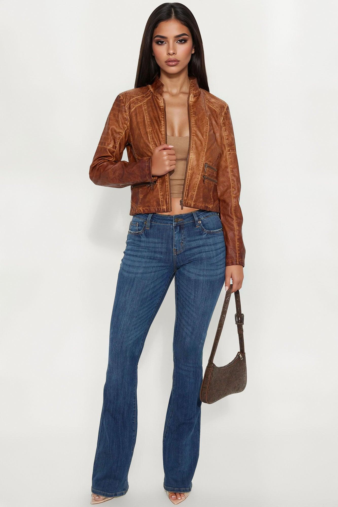 Taking Chances Washed Faux Leather Moto Jacket - Brown Female Product Image