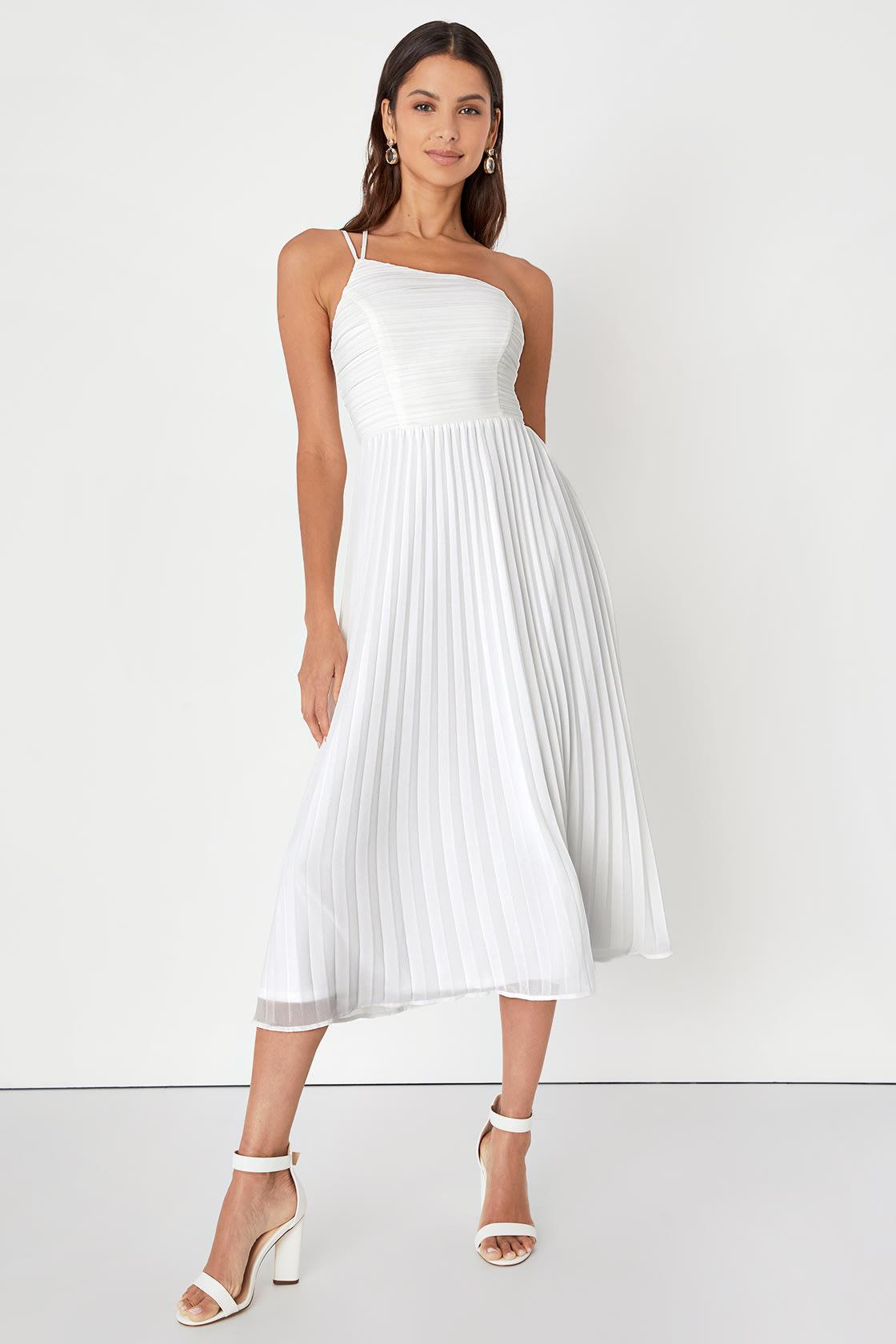 Wondrous Muse White Pleated One-Shoulder Midi Dress Product Image