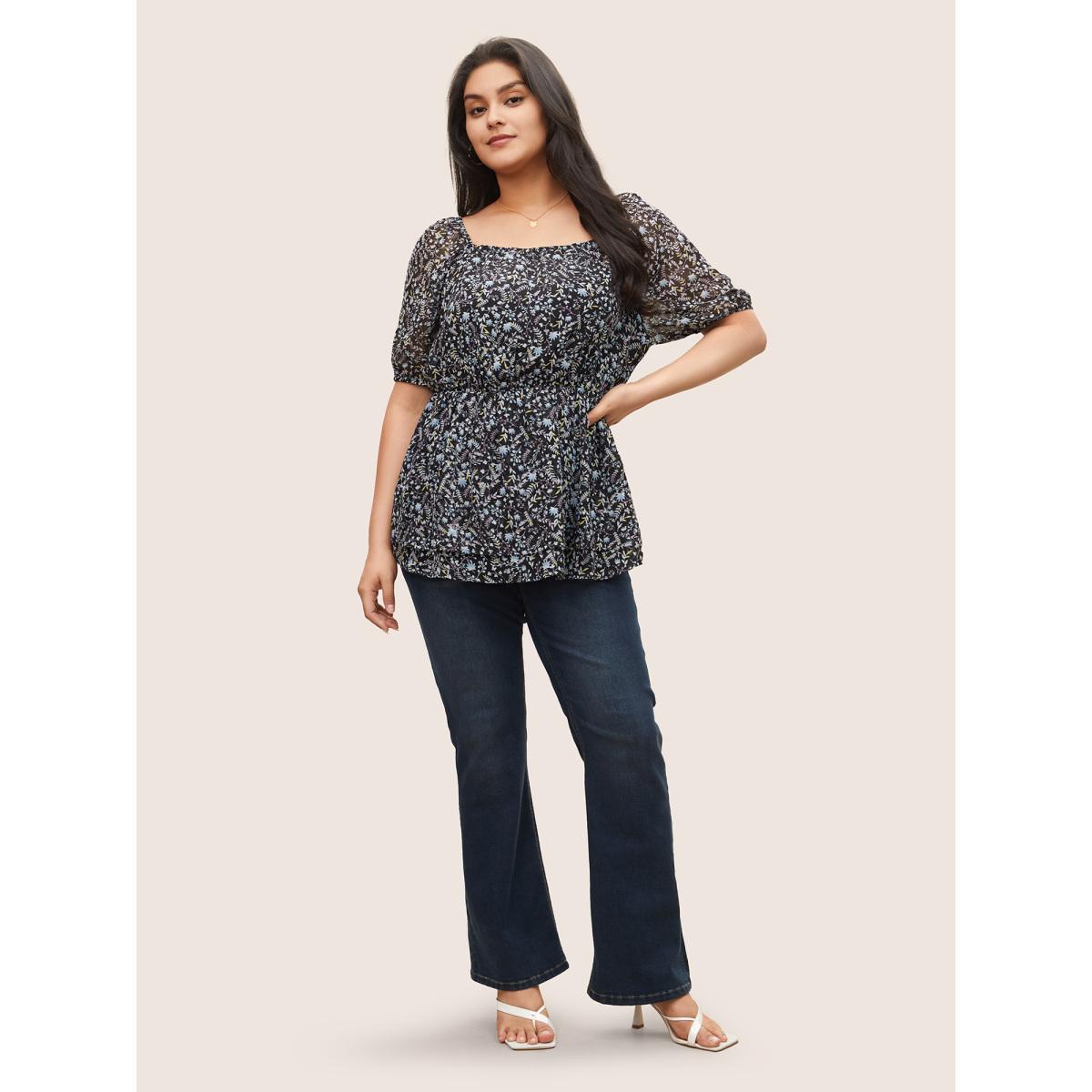 Plus Size Indigo Ditsy Floral Mesh Square Neck Layered Hem Blouse Women Elegant Short sleeve Square Neck Everyday Blouses BloomChic 18-20/2X Product Image