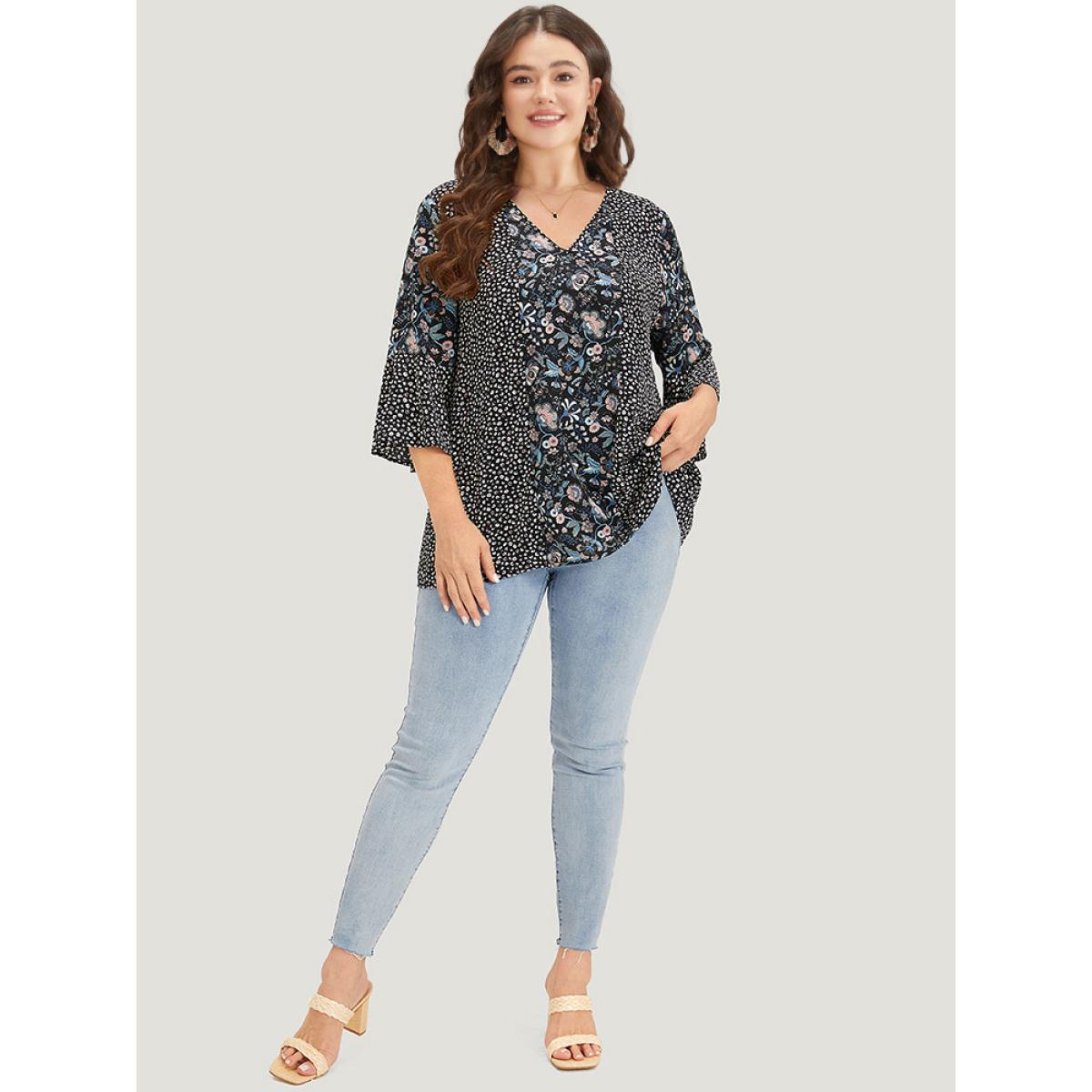 Plus Size BlackFlower Plants Print Patchwork V Neck Bell Sleeve Blouse Women Vacation Elbow-length sleeve V-neck Dailywear Blouses BloomChic 18-20/2X Product Image