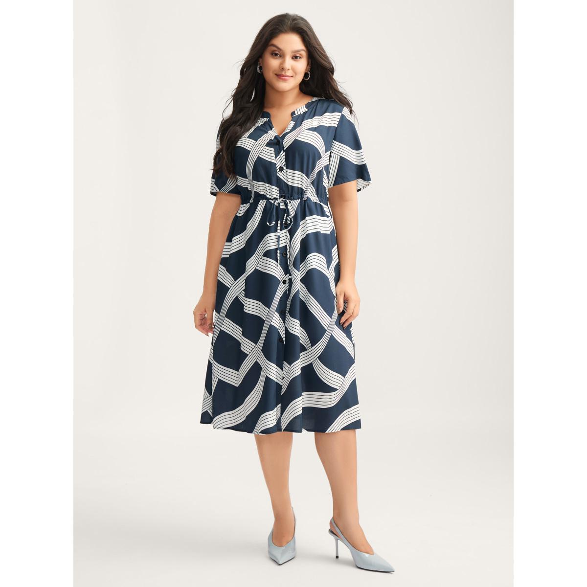 Plus Size Rayon Geometric Print Waist-Tie Midi Dress Indigo Women Flat collar with V-notch Short sleeve Curvy BloomChic 18-20/2X Product Image