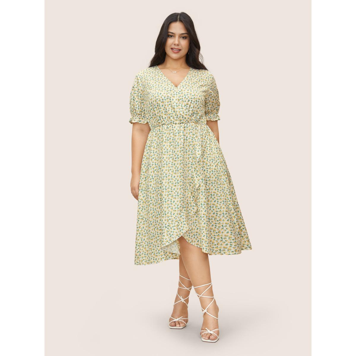 Plus Size Citrus Lemon Print Overlap Collar Lantern Sleeve Dress Yellow Women Elegant Overlapping Overlap Collar Short sleeve Curvy Midi Dress BloomChic 18-20/2X Product Image