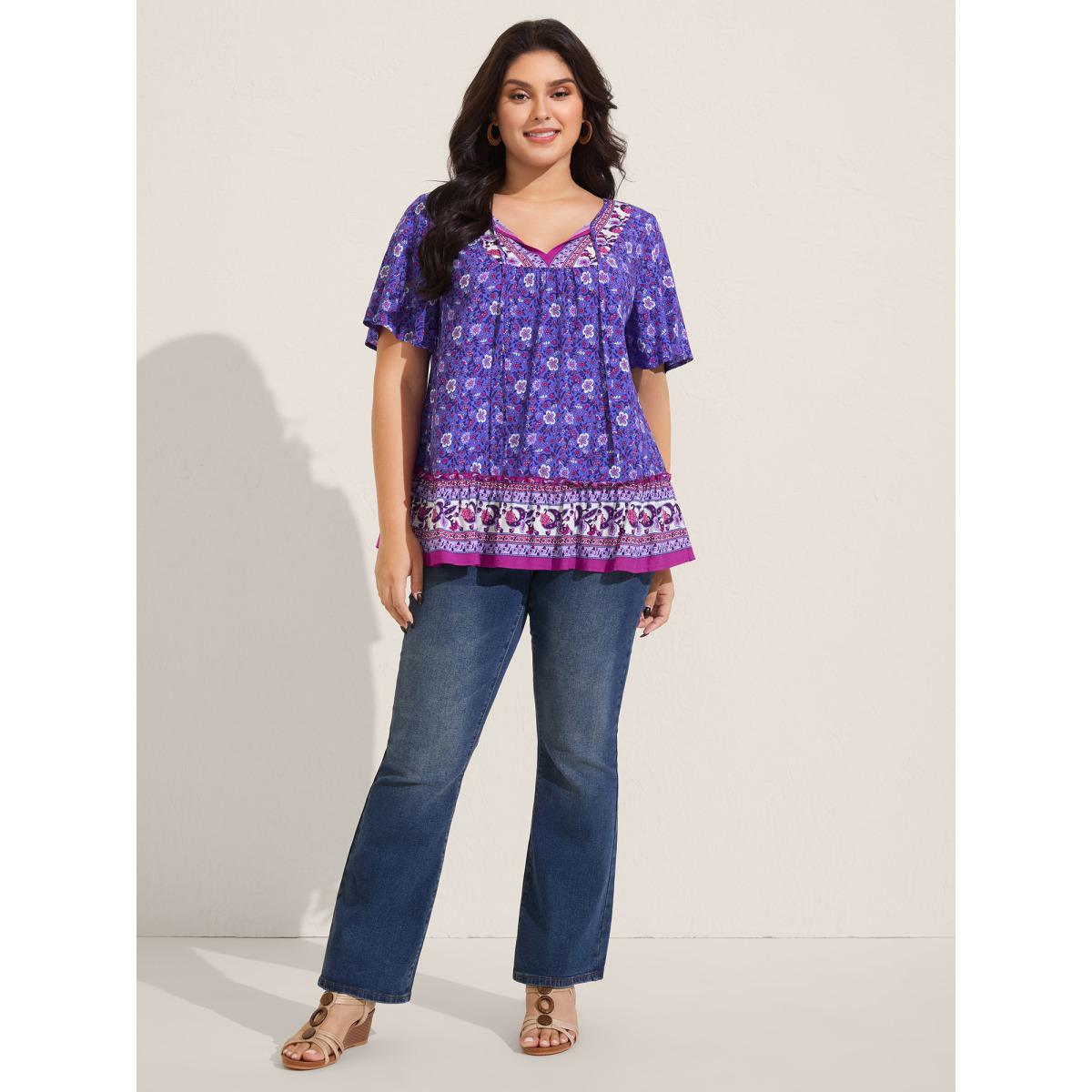 Plus Size BlueViolet Boho Floral Print Neck Tie Blouse Women Boho Short sleeve Notched collar Vacation Blouses BloomChic 14-16/1X Product Image